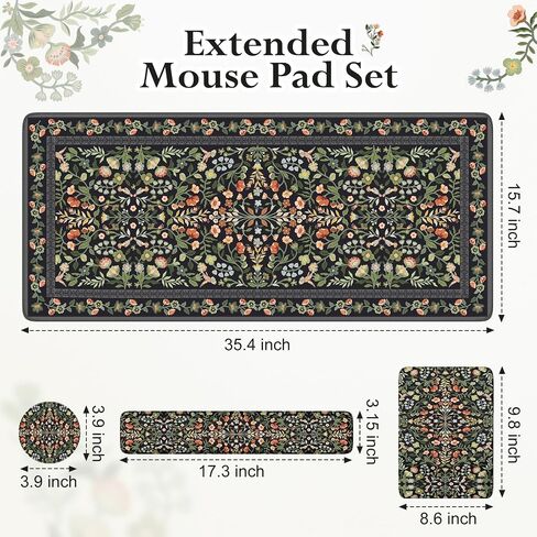 iLeadon Floral Mouse Pad Sets, Desk Matt for Desktop, Mouse Pad with Wrist Support, Extra Large Desk Size Mouse Mat+Cup Coaster with Non-Slip Base for Women Home Office (Black) in Kuwait