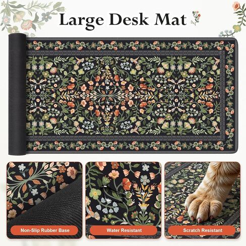 iLeadon Floral Mouse Pad Sets, Desk Matt for Desktop, Mouse Pad with Wrist Support, Extra Large Desk Size Mouse Mat+Cup Coaster with Non-Slip Base for Women Home Office (Black) in Kuwait