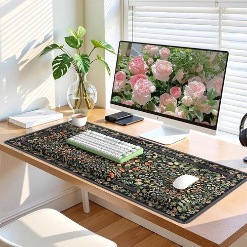 iLeadon Floral Mouse Pad Sets, Desk Matt for Desktop, Mouse Pad with Wrist Support, Extra Large Desk Size Mouse Mat+Cup Coaster with Non-Slip Base for Women Home Office (Black) in Kuwait