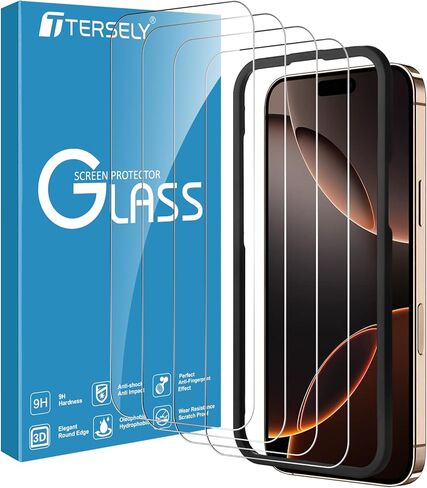 واقي شاشة T Tersely [4 عبوات] لهاتف iPhone 16 Pro Max (6.9 بوصة)، زجاج مقسى مع إطار محاذاة التثبيت، مقاوم للكسر بدرجة عسكرية، مقاوم للخدش، شفاف عالي الدقة in Kuwait
