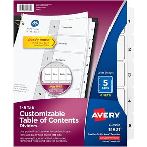 Avery 5 Tab Dividers for 3 Ring Binders, Customizable Table of Contents, Classic White Tabs, 6 Sets (11821)