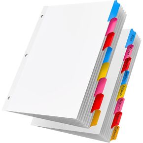16Pcs/2 Set Binder Dividers with Tabs, 8 Colourful Tab for 3 Ring Binder Dividers, White Page Folder Dividers for 3 Ring Binder Sheet Paper Protectors, Notebook Binder Sleeves with Pockets