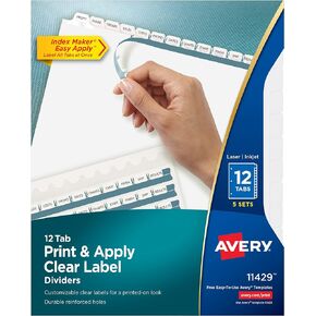 Avery 12-Tab Binder Dividers, Easy Print & Apply Clear Label Strip, Index Maker, White Tabs, 5 Sets (11429)