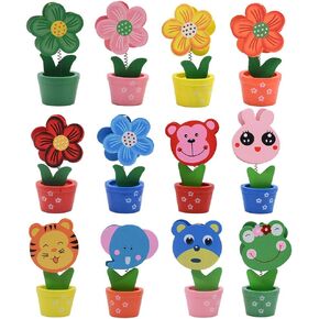 Creative Wooden Base Photo Holder - Cartoon Animal Flower Pot Table Name Number Holder Party Decoration Card Holders Picture Memo Note Photo Clip Holder (12 Pack)