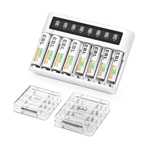 EBL 8 Bay Battery Charger with LCD Screen Fast Charging, AA AAA Battery Charger with 2800mAh NiMH AA Batteries 4pcs & 1100mAh AAA Battery 4pcs Combo