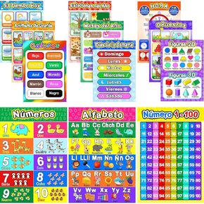 Blulu 12 Pcs Spanish Classroom Posters Learning Spanish Classroom Decorations for Kids Abecedario Para Niños En Español Numbers Alphabet Colors Bilingual Educational Posters 16 x 11''