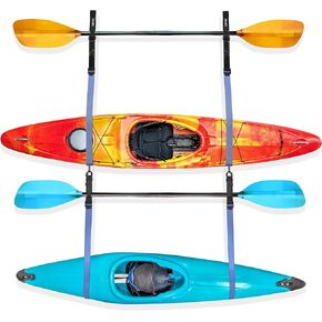 Double Kayak Storage Strap System - Comes with 2 Carabiner Paddle Clips - Use with Kayak and Paddle Boards - Indoor/Outdoor Use - Can Hold up to 200lbs - 2 Loops Included for Oars/Paddles Bullet
