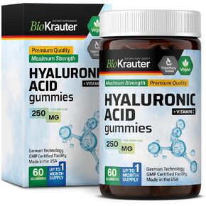 MAUWE HERBS Hyaluronic Acid Gummies w/Vitamin C - 250 mg - Natural Moisturizer for Glowing Skin - Organic Hyaluronic Acid Supplements for Joint & Eyes Health - 60 Vegan Chews