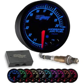 GlowShift Elite 10 Color Wideband Air/Fuel Ratio AFR Gauge Kit - Includes Oxygen Sensor, Data Logging Output & Weld-in Bung - Black Dial - Tinted Lens - Peak Recall - 2-1/16" 52mm