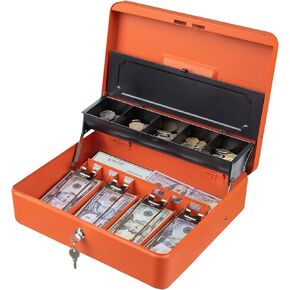Tera Anti Theft Cash Box - with Heavy Duty Money Tray and Key Lock 4 Bill 5 Coin Inner Tray 11.8" x 9.4" x 3.5" Large Safe Box Rounded Corners for Small Businesses Yard Sale Home KL380 Orange