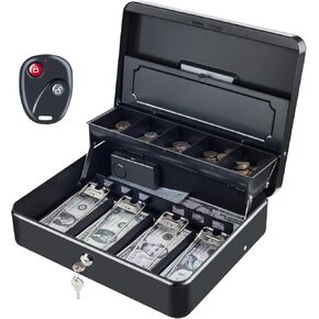 Tera Anti Theft Cash Box - with Heavy Duty Money Tray and Key Lock 4 Bill 5 Coin Inner Tray 11.8" x 9.4" x 3.5" Large Safe Box Rounded Corners for Small Businesses Yard Sale Home KL380 Orange