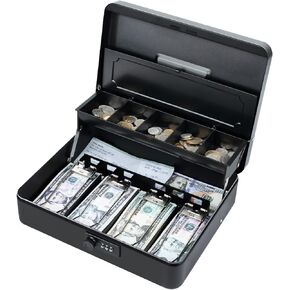 Tera Anti Theft Cash Box - with Heavy Duty Money Tray and Key Lock 4 Bill 5 Coin Inner Tray 11.8" x 9.4" x 3.5" Large Safe Box Rounded Corners for Small Businesses Yard Sale Home KL380 Orange
