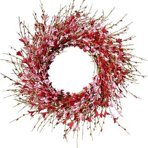 18In Artificial Pink Forsythia Wreath, Valentine's Day Front Door Wreath, Forsythia Flower Wreath for Front Door, Spring Pink Wreath for Home Wedding Window Wall Window Decor