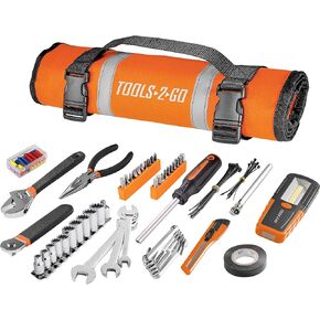 Tool 83 Piece Set with Roll-Up Pouch, Wrenches, Pliers, Work Light, Sockets, and Bits for Motorcycle, Car, Truck, ATV - 240119