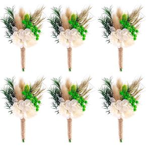 Natural Dried Flowers Boutonniere for Men Wedding Set of 6, Boho Wedding Groom and Groomsmen Boutonniere for Wedding Ceremony Anniversary, Formal Dinner and Fall Vintage Wedding (Forest-01)