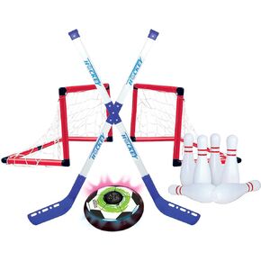 Hover Hockey, Soccer, Bowling 3-in-1 Sports Set! Safe Indoor Game, 6 Bowling Pins, 2 Hockey Sticks, 2 Goals, 1 Hover Disk, Glides on Any Smooth/Flat Surface, Indoors or Outdoors, Multicolored