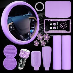 15 Pcs Car Accessories Set Leather Steering Wheel Cover Seatbelt Cover Bling Car Ring Sticker Center Console Pad USB Port Flower Air Vent Clip (Blue)