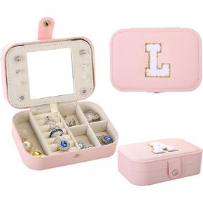 Initial E Jewelry Box Organizer, Pink Travel Jewelry Case with Mirror, PU Leather Jewelry Box for Travel, Personalized Birthday Gift for Women Girls