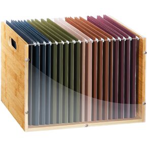 Clear Acrylic File Box Organizer, Bamboo Hanging Folder Storage Boxes, Filing Crate Bin Holder with Handle for Home Office Desk, Letter Size