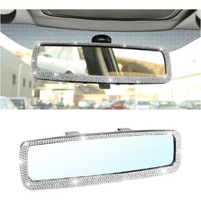 Bling Car Rearview Mirror, Decorations Rear View Mirror with Crystal Rhinestones & Diamonds, Car Interior Trim Accessories, Clip-on & HD Glass, Sparkly Gift for Mother Women Girls (Silver)