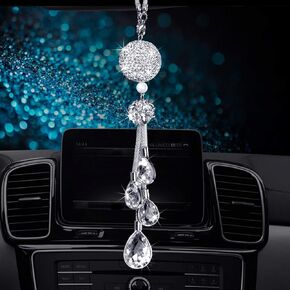 Bling Rear View Mirror Accessories for Women, Lucky Car Interior Rearview Crystal Decor Charm, Rhinestone Ball Ornament Sun Catcher Pendant