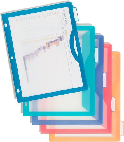 U Brands 5-Tab Poly Dividers with Clear View Pockets, Set of 10, Assorted Brights, 3-Hole Punched in Saudi Arabia