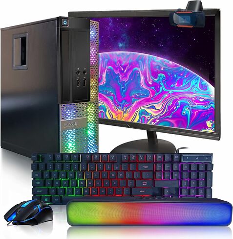 كمبيوتر مكتبي Dell OptiPlex RGB، Intel Core i7 حتى 3.8 جيجا هرتز، ذاكرة الوصول العشوائي 16 جيجا، 512 جيجا SSD، شاشة LED FHD جديدة مقاس 22 بوصة، لوحة مفاتيح وماوس RGB، شريط صوت RGB BT، كاميرا ويب، WiFi، BT 5.0، W10P64 (متجدد) in Saudi Arabia