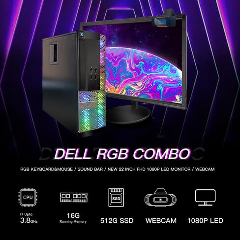 كمبيوتر مكتبي Dell OptiPlex RGB، Intel Core i7 حتى 3.8 جيجا هرتز، ذاكرة الوصول العشوائي 16 جيجا، 512 جيجا SSD، شاشة LED FHD جديدة مقاس 22 بوصة، لوحة مفاتيح وماوس RGB، شريط صوت RGB BT، كاميرا ويب، WiFi، BT 5.0، W10P64 (متجدد) in Saudi Arabia