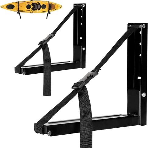 Kayak Storage Rack Kayak Wall Mount Foldable and Retractable Kayak Rack Wall Mounted Hanging Rack for Kayaks, Paddle Boards and Surfboards with Lashing Straps (2 Pack, Black) in Kuwait