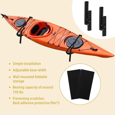 Kayak Storage Rack Kayak Wall Mount Foldable and Retractable Kayak Rack Wall Mounted Hanging Rack for Kayaks, Paddle Boards and Surfboards with Lashing Straps (2 Pack, Black) in Kuwait