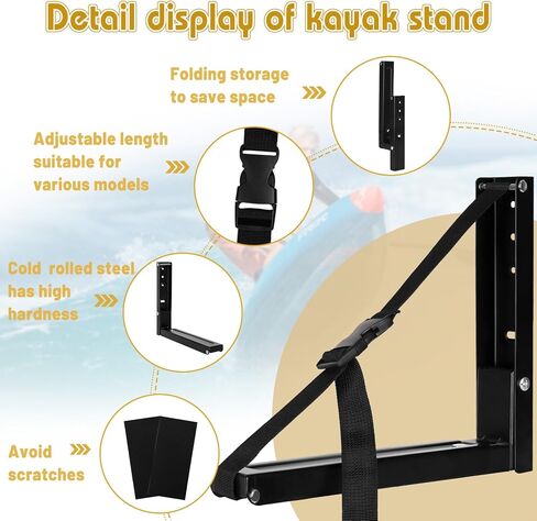 Kayak Storage Rack Kayak Wall Mount Foldable and Retractable Kayak Rack Wall Mounted Hanging Rack for Kayaks, Paddle Boards and Surfboards with Lashing Straps (2 Pack, Black) in Kuwait