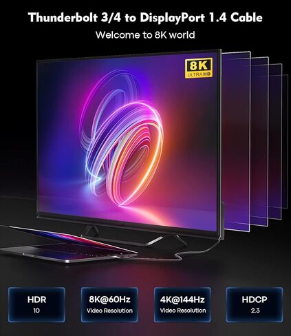 كابل USB C إلى DisplayPort 1.4 [8K@60 هرتز، 4K@144 هرتز، 2K@240 هرتز] سلك 6FT من النوع C إلى DP يدعم HDCP 2.3/DSC/HBR Thunderbolt 3/4 لهاتف iPhone 15/Plus/Pro/Pro Max، MacBook، iPad ، ديل، إتش بي، لينوفو in Kuwait