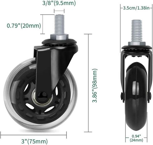 3 Inch Office Chair Wheels with Threaded Stem 3/8"-18UNC (Set of 5), Screw in Heavy Duty Rubber Caster Wheels, Safe for Wood Floor, Tile and Carpets in Kuwait