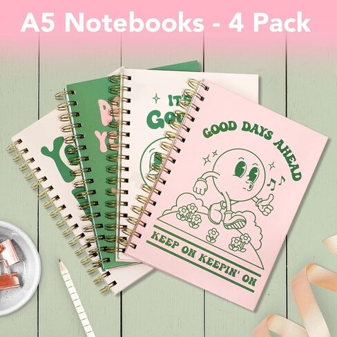 Pink Green Aesthetic Hardcover Notebooks for Work, A5 size 5.8 x 8.3 inch, Cute Notebooks for School 4 Pack, Retro Notebooks College Ruled, Cute Spiral Journal for Women, Kids Back to School Notebook in Saudi Arabia