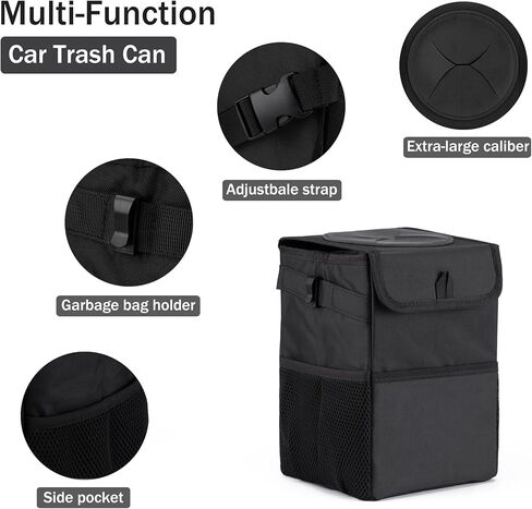 JUSTTOP 6L سلة مهملات السيارة الصغيرة المقاومة للماء مع غطاء وجيوب تخزين، ملحقات تعليق حقيبة قمامة السيارة، حقيبة قمامة السيارة متعددة الأغراض (أسود) in Kuwait