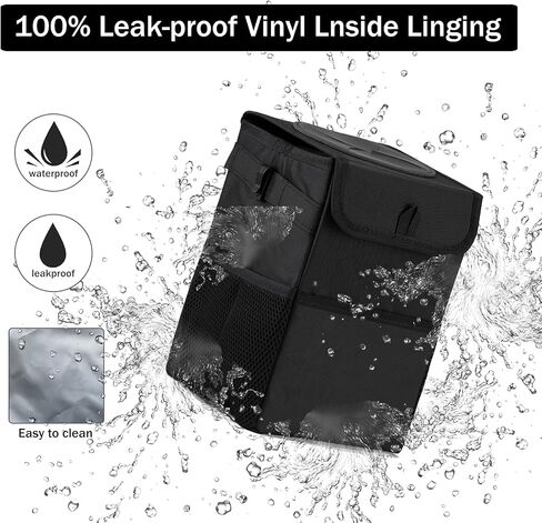 JUSTTOP 6L سلة مهملات السيارة الصغيرة المقاومة للماء مع غطاء وجيوب تخزين، ملحقات تعليق حقيبة قمامة السيارة، حقيبة قمامة السيارة متعددة الأغراض (أسود) in Kuwait