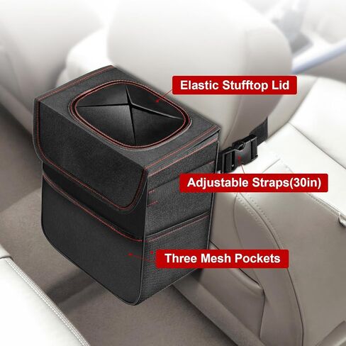 Simple Deluxe Car Trash Can with Lid and Storage Pockets, Multipurpose Garbage Bin with Adjustable Straps, Collapsible and Portable Organizer, 2 Gallon, Grey in Saudi Arabia