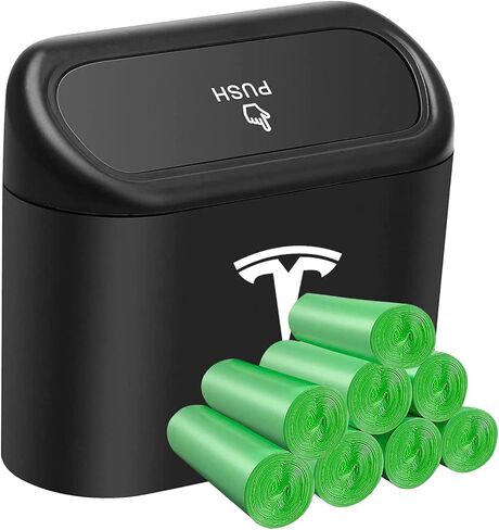 KIKIMO Tesla Trash Can with 8 Rolls of Garbage Bags, Mini Tesla Model 3/Y/S/X Accessories, Bin Storage Box, Leak-Proof Car Trash Can with Lid in Kuwait
