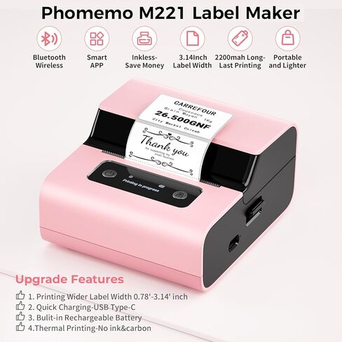 صانع ملصقات Phomemo- Pink M221 ترقية صانع ملصقات الباركود، طابعة ملصقات حرارية بلوتوث محمولة بدون حبر للأعمال الصغيرة والملابس والعناوين والبريد ودعم الهاتف والكمبيوتر الشخصي in Kuwait