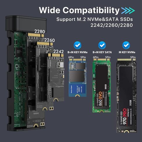 حاوية M.2 NVME SSD مع مروحة تبريد، محول USB C 3.2 Gen 2 PCIE NVME بسرعة 10 جيجابت في الثانية، SATA بسرعة 6 جيجابت في الثانية، قارئ M.2 مع علبة من الألومنيوم تدعم UASP Trim لـ PCIe M-Key(B+M Key) SSD 2242/2260/ 2280 in Kuwait