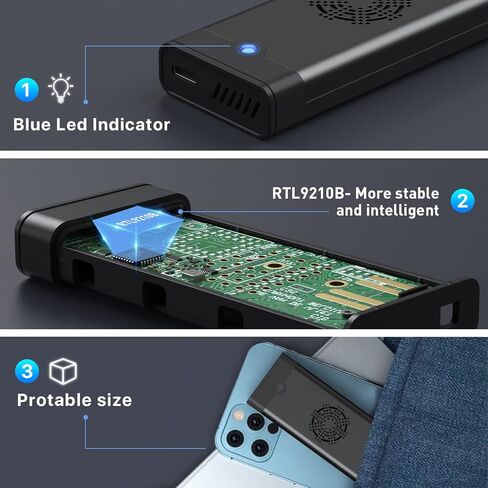 حاوية M.2 NVME SSD مع مروحة تبريد، محول USB C 3.2 Gen 2 PCIE NVME بسرعة 10 جيجابت في الثانية، SATA بسرعة 6 جيجابت في الثانية، قارئ M.2 مع علبة من الألومنيوم تدعم UASP Trim لـ PCIe M-Key(B+M Key) SSD 2242/2260/ 2280 in Kuwait