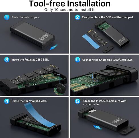 حاوية M.2 NVME SSD مع مروحة تبريد، محول USB C 3.2 Gen 2 PCIE NVME بسرعة 10 جيجابت في الثانية، SATA بسرعة 6 جيجابت في الثانية، قارئ M.2 مع علبة من الألومنيوم تدعم UASP Trim لـ PCIe M-Key(B+M Key) SSD 2242/2260/ 2280 in Kuwait