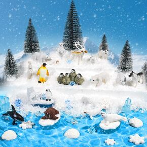 Warmtree 46 Pcs Arctic Animals Figurines Set Includes 22 Polar Bear Penguin Animals Figurines 6 Mini Pine Trees 18 Artificial Lceberg Fake Snow Ripple Water Sticker Ocean Habitat Diorama Supplies