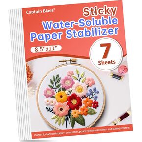 Captain Blues 15PCS 8.5"x11" Sticky Water Soluble Stabilizer for Embroidery - Medium Weight Wash Away Embroidery Stabilizer, Printable & Draw-Ready Patterns for Hand & Machine Embroidery