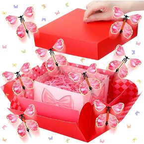 Wonderjune Mother's Butterfly Explosion Gift Box Holiday & Birthday Surprise Home Box مع 6 فراشات طيران وورق Raffia والشريط الوردي والبطاقة