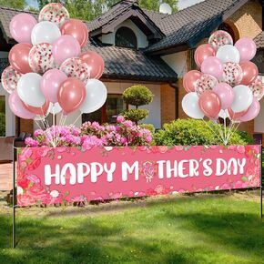 Oudain 36 Pcs Happy Mother's Day Banner Decoration Set Large 8.2x1.5 ft Mother's Day Banner with 35 Pcs Balloon Pink Flower Mom Gift Party Yard Banner for Home Garden Mother's Day Party Supplies Decor