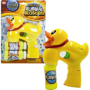 تضيء شركة Dreidel Company مجموعة مسدس Ducky Bubble Blaster ، وتشمل زجاجتين وبطاريات ولعب في الهواء الطلق والألعاب الداخلية للأطفال