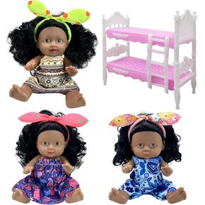 3 PCS MINI BABY DOLLS مع مجموعة سرير بطابقين ، دمى الأطفال السوداء ، دمى أمريكية من أصل أفريقي شعر مجعد ، أطفال صغيرون من جديد ، دمية لطيفة للأطفال