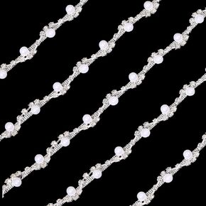 GLOBLELAND 2Yards/1.83M Pearl Rhinestone Fringe Trim Rhinestone Pearl Chain Diamond Crystal Fringe Trim for Sewing Crafts Wedding Dress Clothing Accessories DIY Decoration Silver