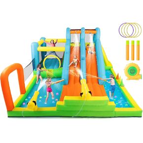 JOYLDIAS Inflatable Water Slide Bounce House,Giant Water Park, Double Slide Bouncer Castle w/Splash Pool, Jump Area, Climbing Wall, 550W Air Blower for Kids Backyard Indoor Outdoor Use,Free Water Gun